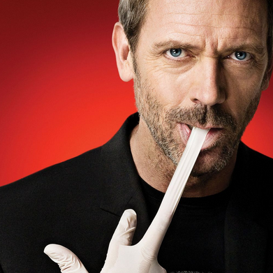 Character Dr House (Hugh Laurie) biting and pulling on a latex glove with a red background